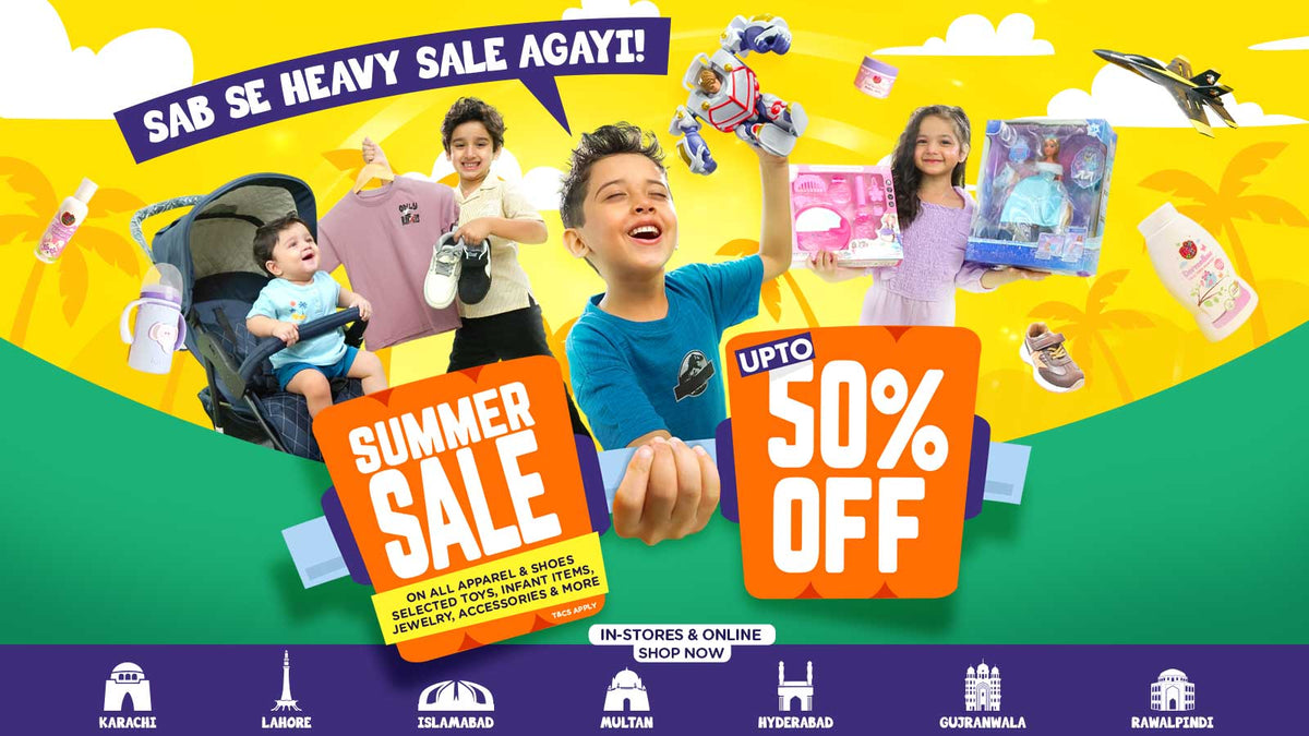 Bachaa Party Summer Sale banner — up to 50% off kids' clothes, shoes, toys, infant products and accessories, in-stores and online