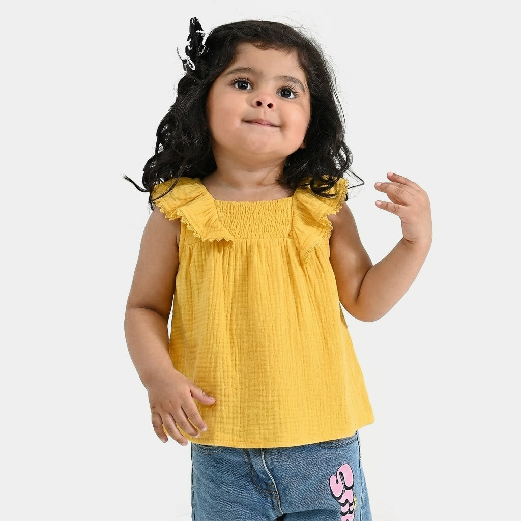 Infant Girls Cotton Casual Frock - Yellow