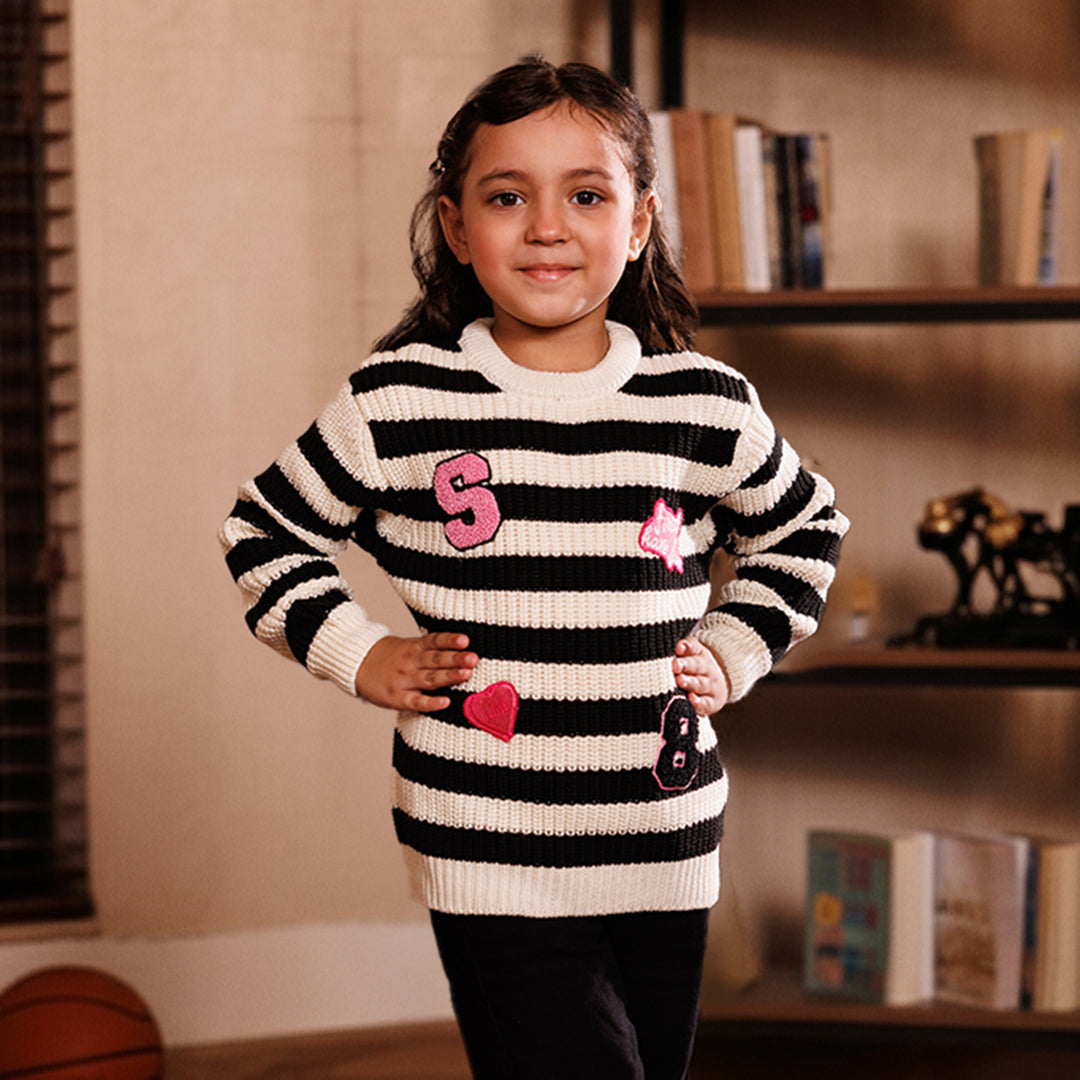 Girls Acrylic Sweater-Have Fun-Black/White