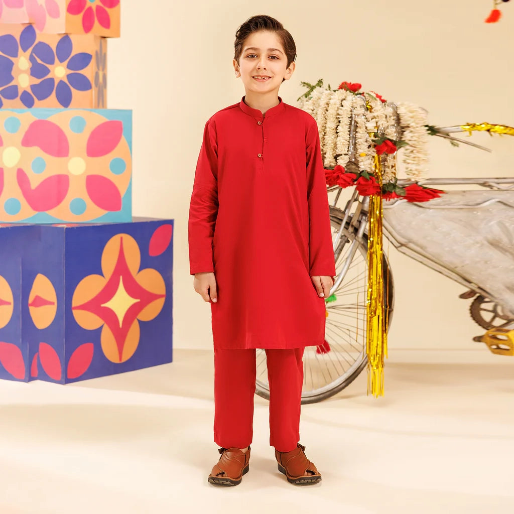 Boys Cotton 2pc Suit (Band Collar) - Red