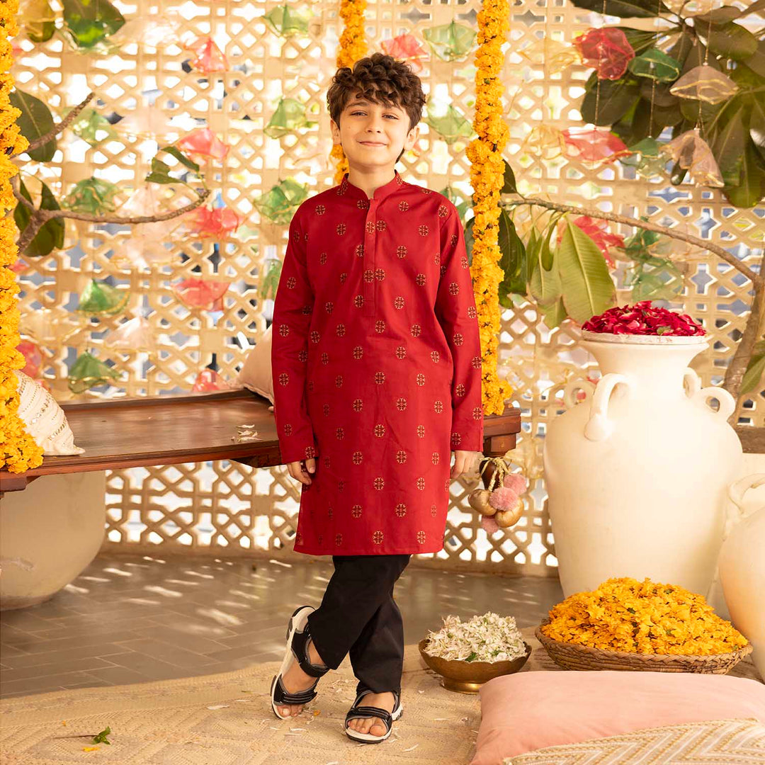 Boys Cotton Jacquard Printed Kurta (Ornamental) - Red