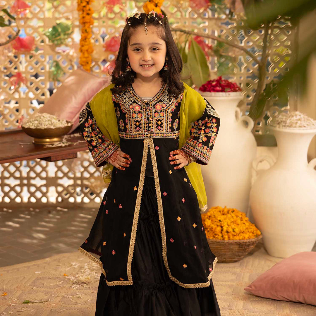 Girls Chiffon 4Pcs Suit Zaib-BLACK