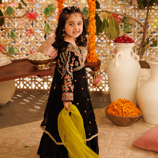 Girls Chiffon 4Pcs Suit Zaib-BLACK