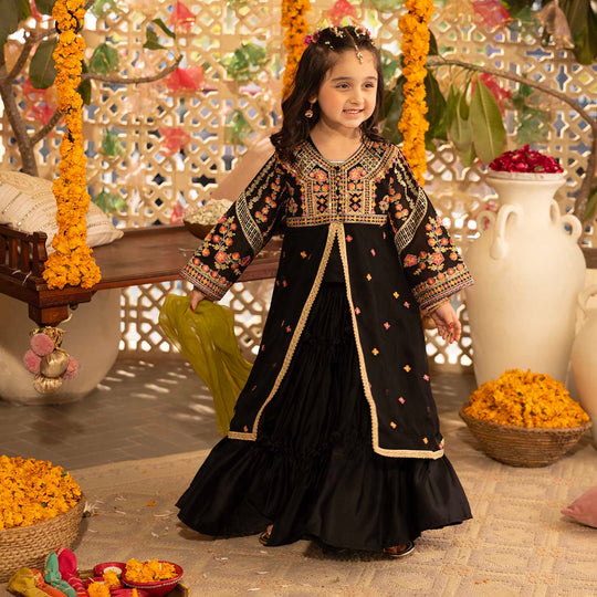 Girls Chiffon 4Pcs Suit Zaib-BLACK