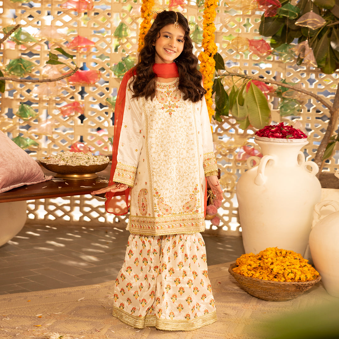 Teens Girls Raw Silk 3-Pc Set (Mah Noor) - Off White