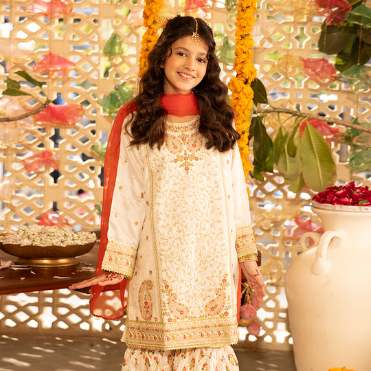 Teens Girls Raw Silk 3-Pc Set (Mah Noor) - Off White
