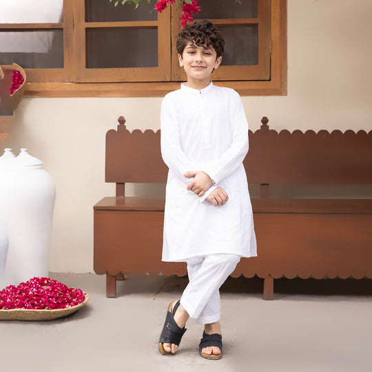 Boys Cotton Kurta Pajama (Chikankari) - White