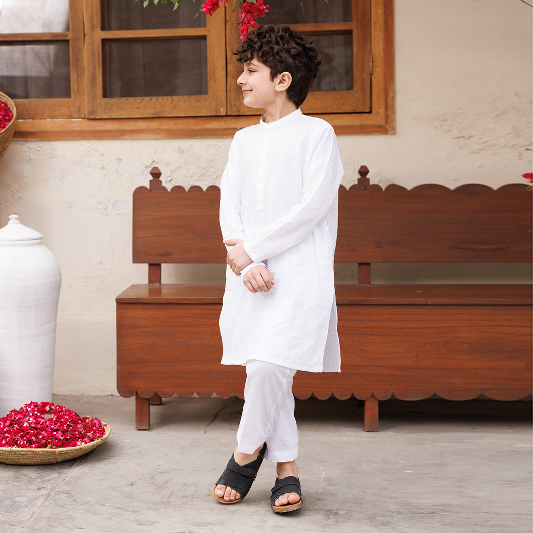 Boys Cotton Kurta Pajama (Chikankari) - White