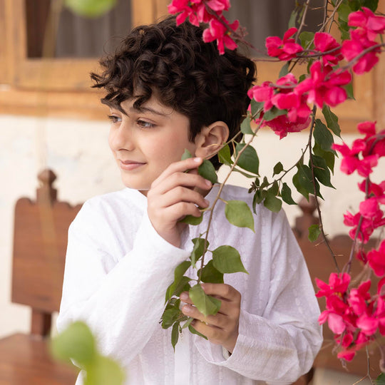 Boys Cotton Kurta Pajama (Chikankari) - White