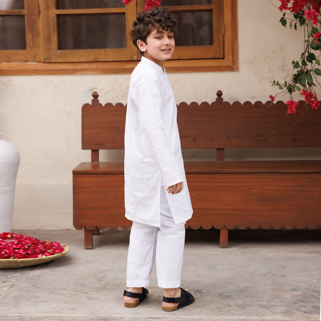 Boys Cotton Kurta Pajama (Chikankari) - White
