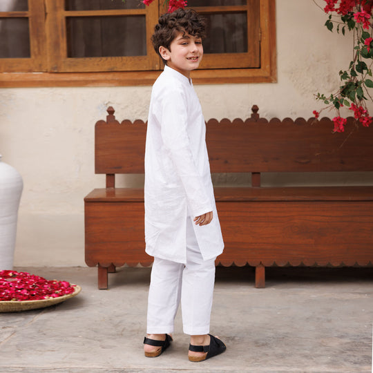 Boys Cotton Kurta Pajama (Chikankari) - White
