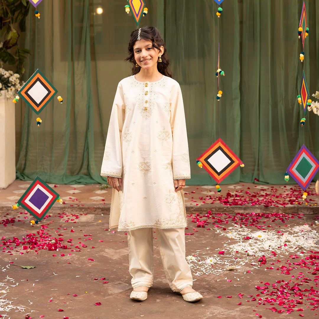 Girls Cotton Embroidered 2Pcs Set (Rabab) - Off White
