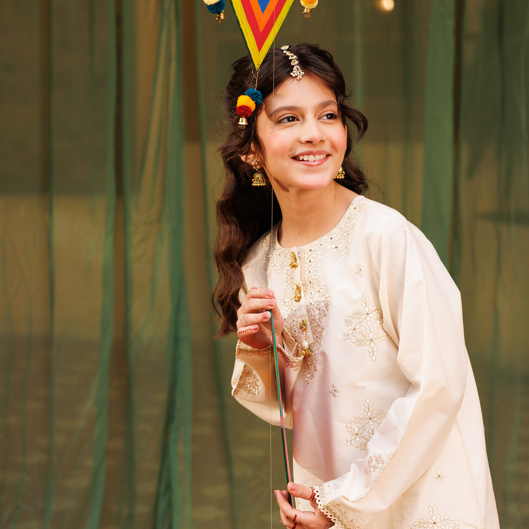 Girls Cotton Embroidered 2Pcs Set (Rabab) - Off White