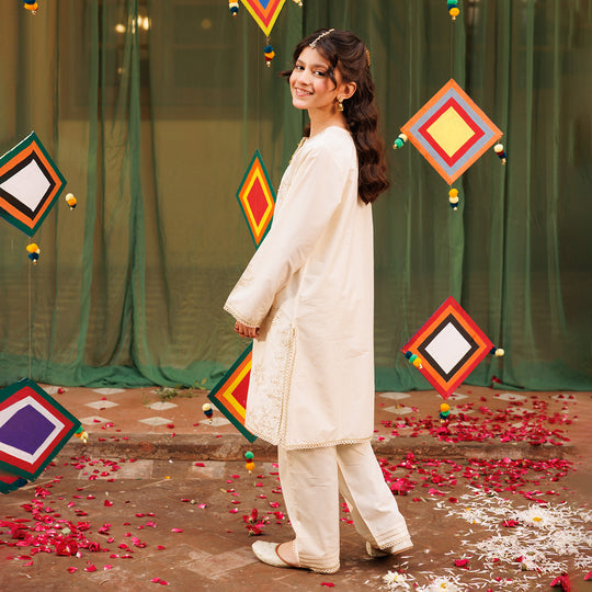 Girls Cotton Embroidered 2Pcs Set (Rabab) - Off White