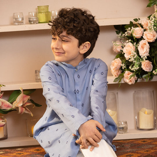 Boys Cotton Jacquard Printed Kurta (Tribal) - Blue
