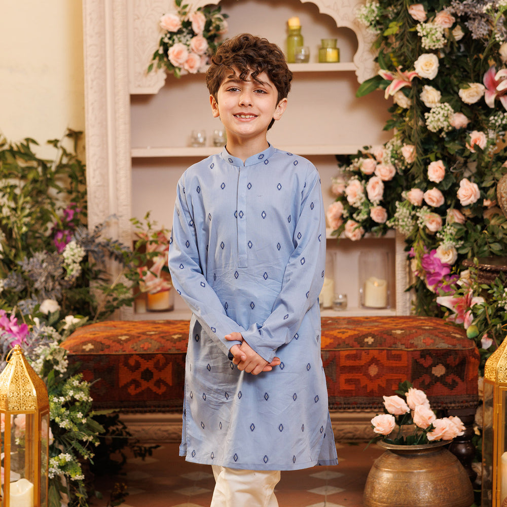 Boys Cotton Jacquard Printed Kurta (Tribal) - Blue