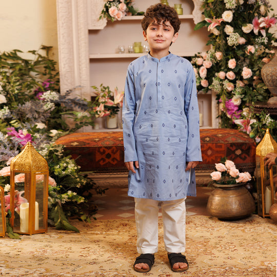 Boys Cotton Jacquard Printed Kurta (Tribal) - Blue