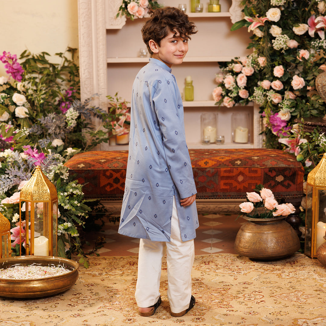 Boys Cotton Jacquard Printed Kurta (Tribal) - Blue