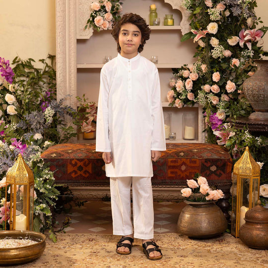 Boys Cotton Poplin Kurta Pajama - White