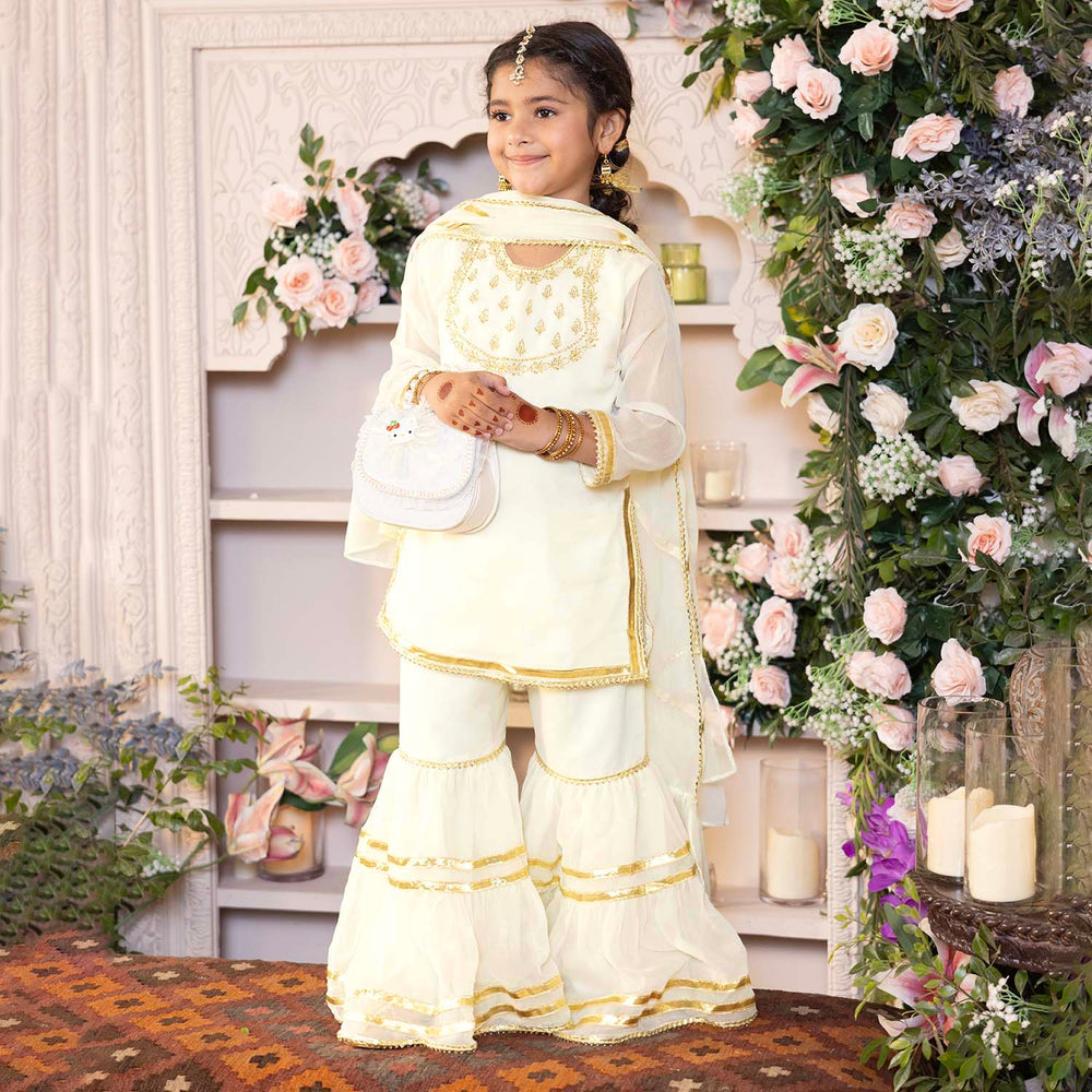 Girls Chiffon 3Pcs Set (Chamak) - Cream