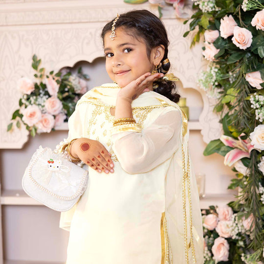 Girls Chiffon 3Pcs Set (Chamak) - Cream