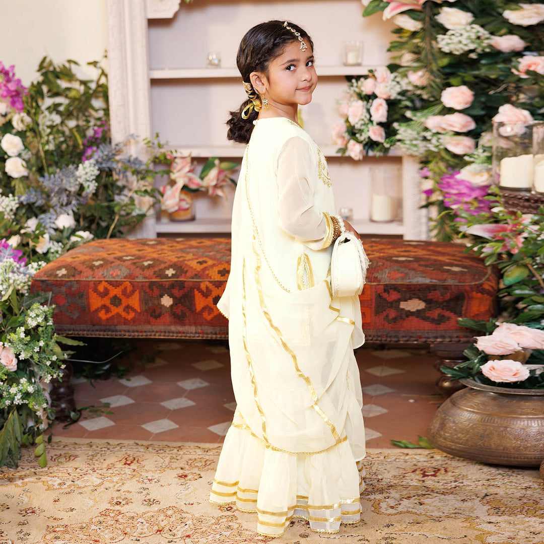 Girls Chiffon 3Pcs Set (Chamak) - Cream