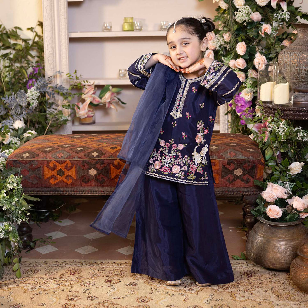 Girls Raw Silk 4Pcs Blossom - Navy Blue