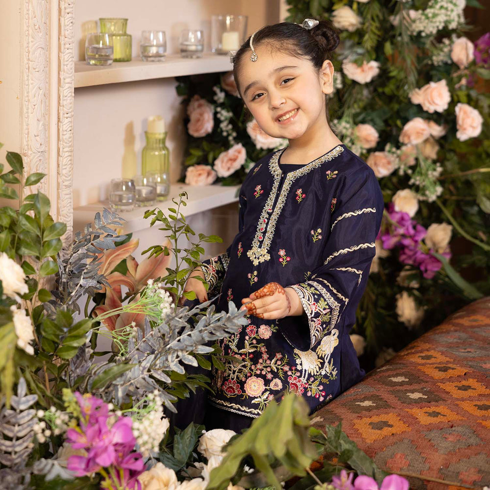 Girls Raw Silk 4Pcs Blossom - Navy Blue