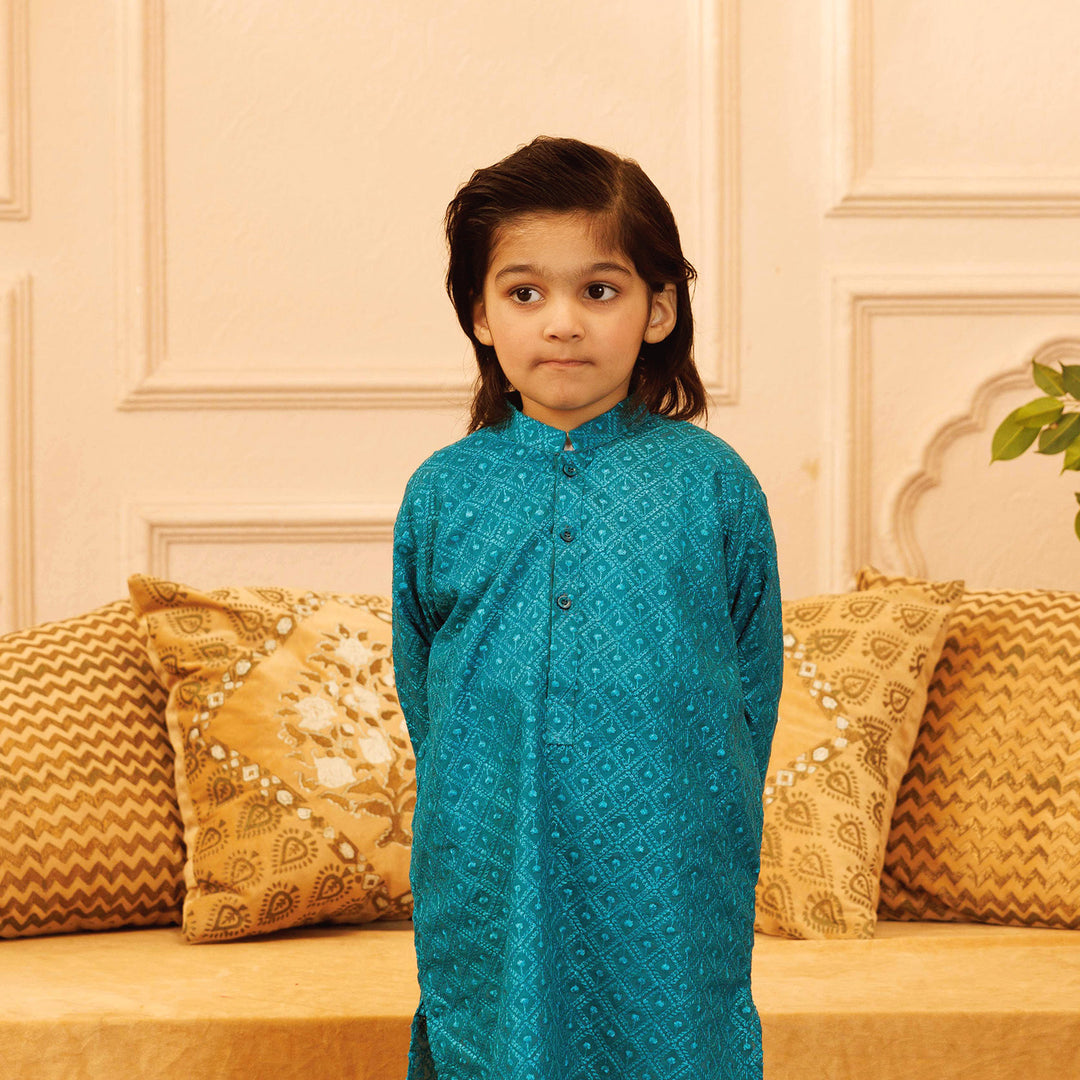Boys Chikankari Basic Kurta Chicken -Teal