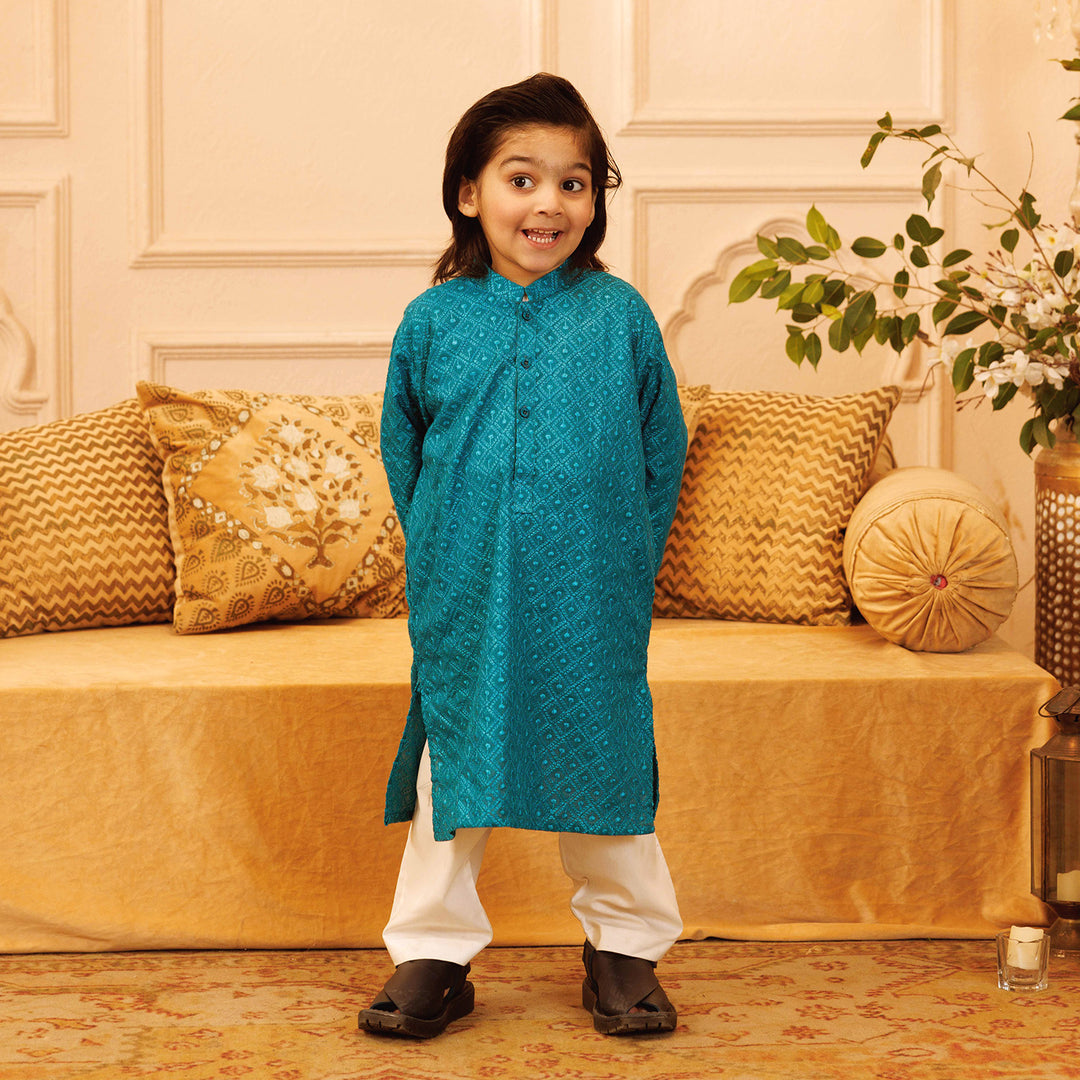 Boys Chikankari Basic Kurta Chicken -Teal