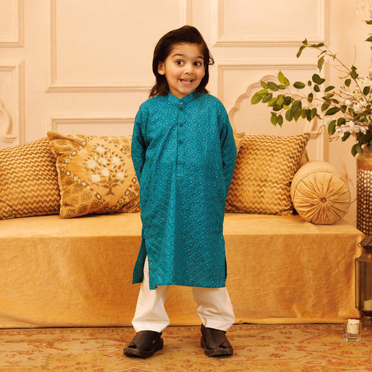 Boys Chikankari Basic Kurta Chicken -Teal