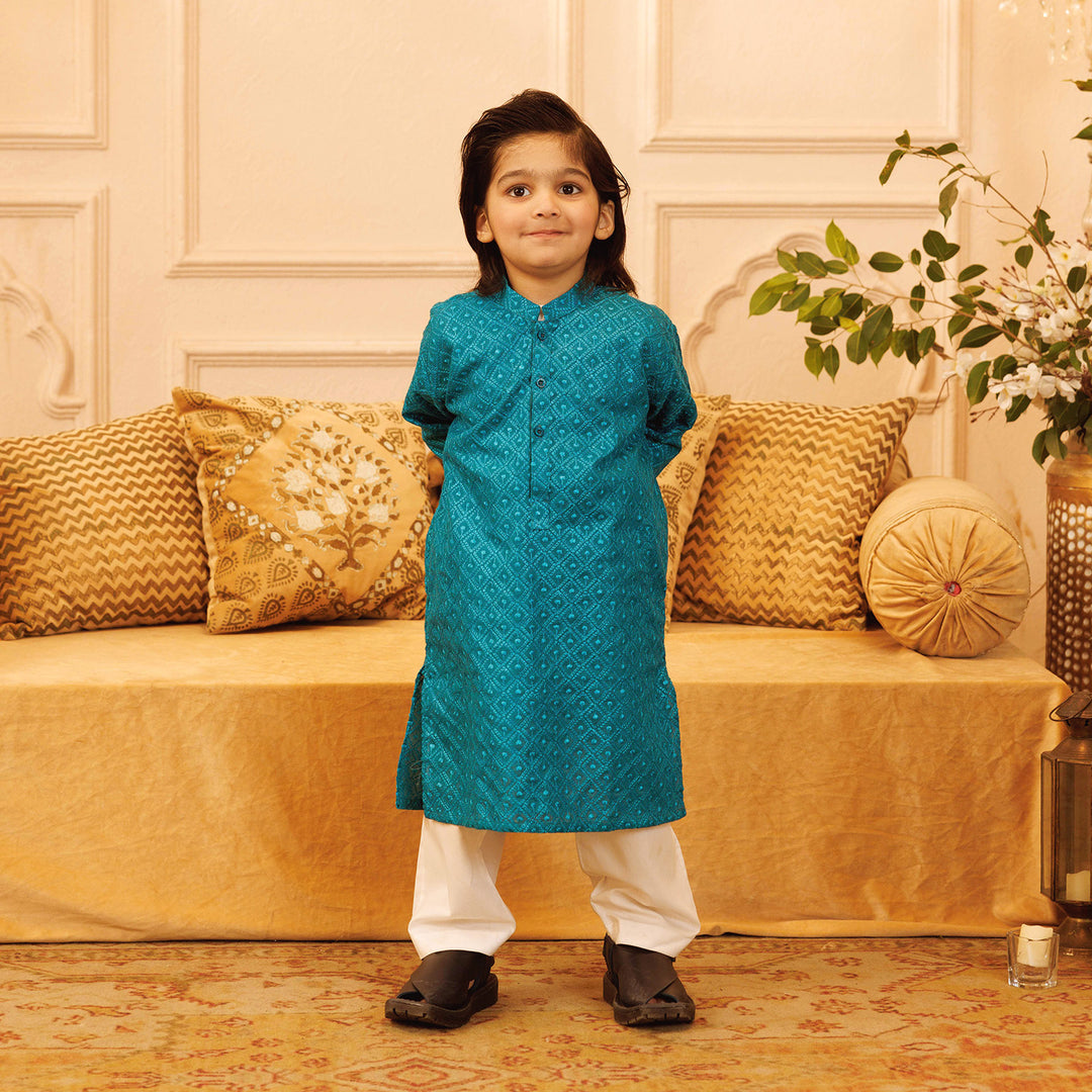 Boys Chikankari Basic Kurta Chicken -Teal