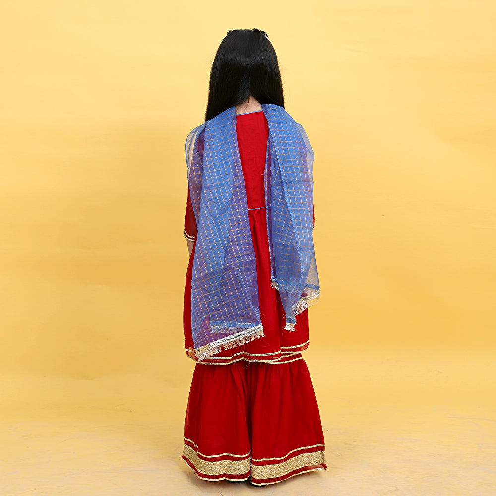 Gota Fancy Gharara 3Pcs Suit For Girls - Red