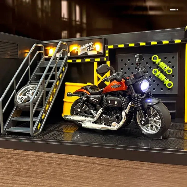 Alloy Motorcycle Metal Pullback Bike & Garage Toy for Kids