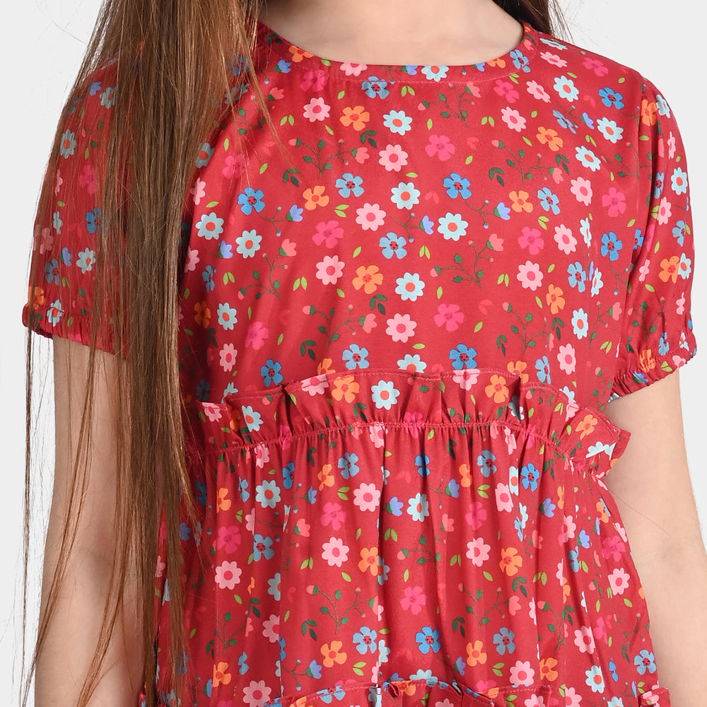 Girls Raw Silk Casual Frock Red Ruffle-Multi