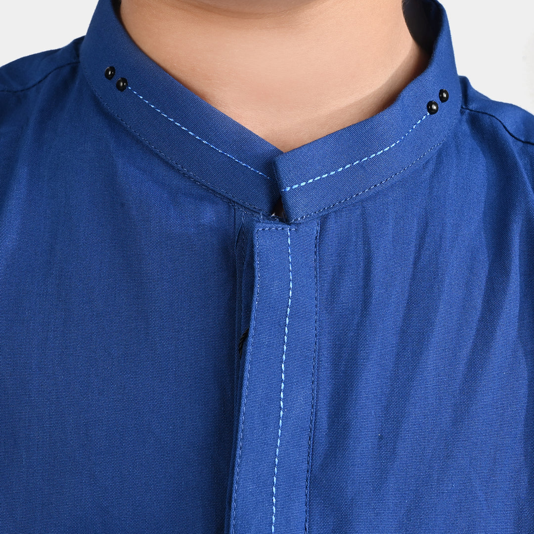 Boys Cotton Poplin Kurta Pajama (Collar Stud)-E.Blue