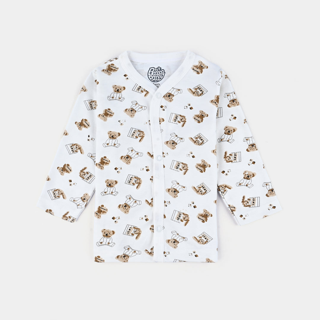 Infant Baby Poly Cotton Night Suit Printed Bear-Off White