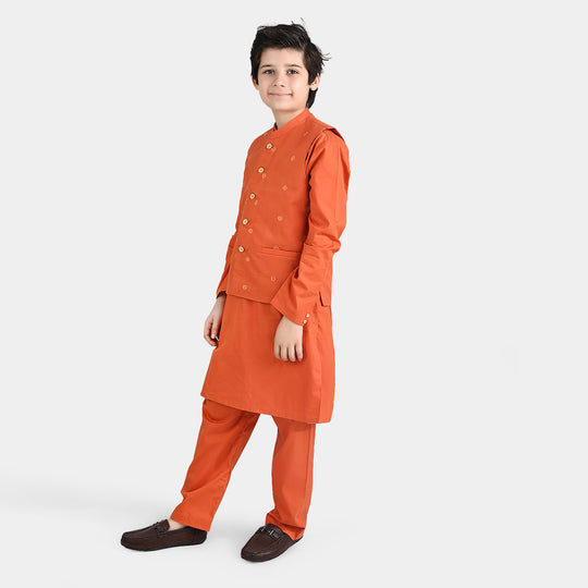 Boys Cotton Poplin 3 Piece Suit (Tone On Tone) - Burnt Orange