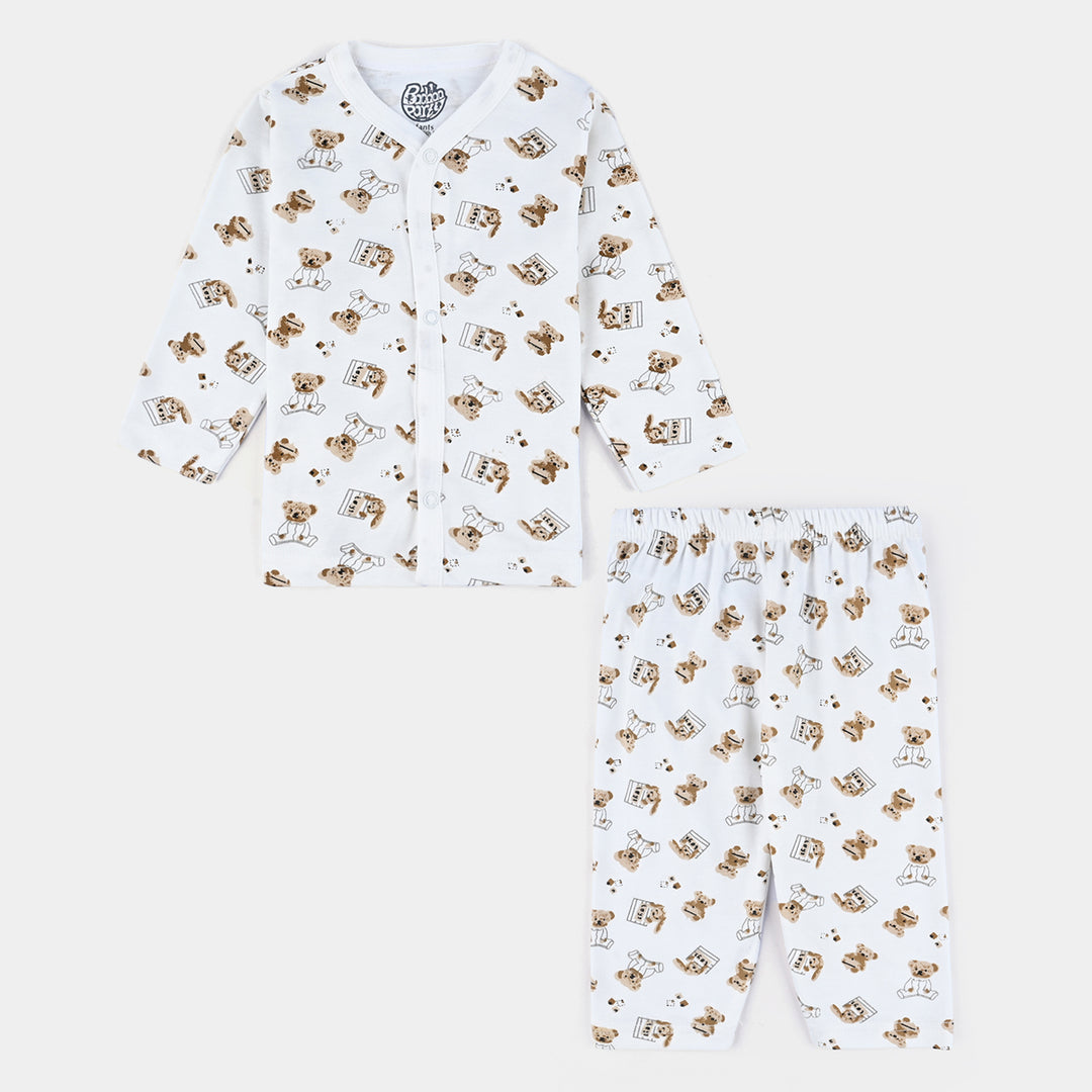 Infant Baby Poly Cotton Night Suit Printed Bear-Off White