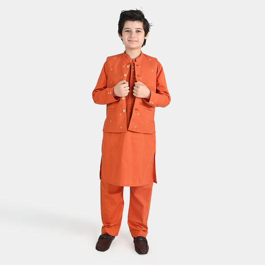 Boys Cotton Poplin 3 Piece Suit (Tone On Tone) - Burnt Orange