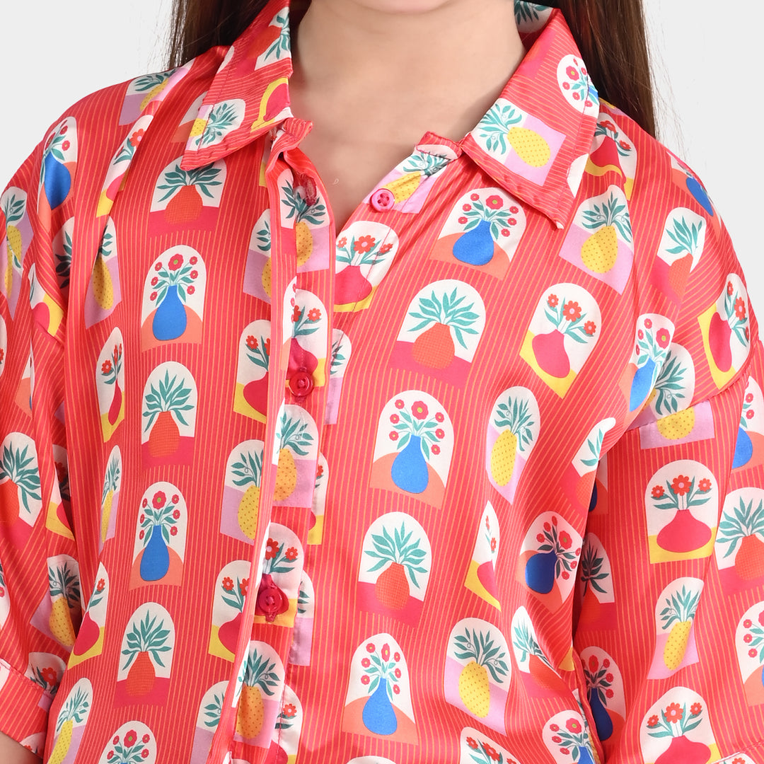 Girls poly cambric Casual Top Red Flora-RED