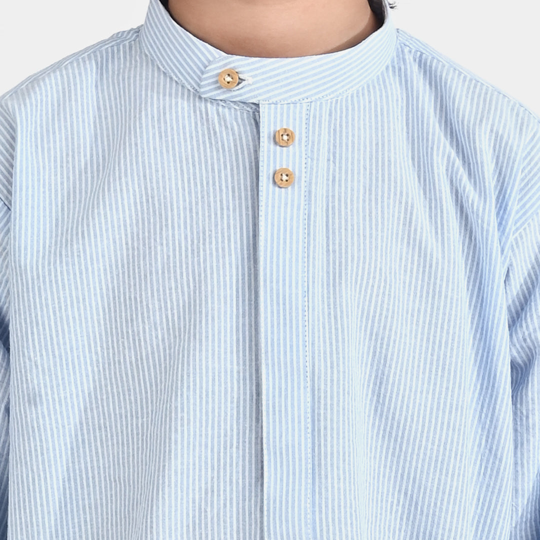Boys Yarn Dyed Basic Kurta (Band Collar)-L/BLUE