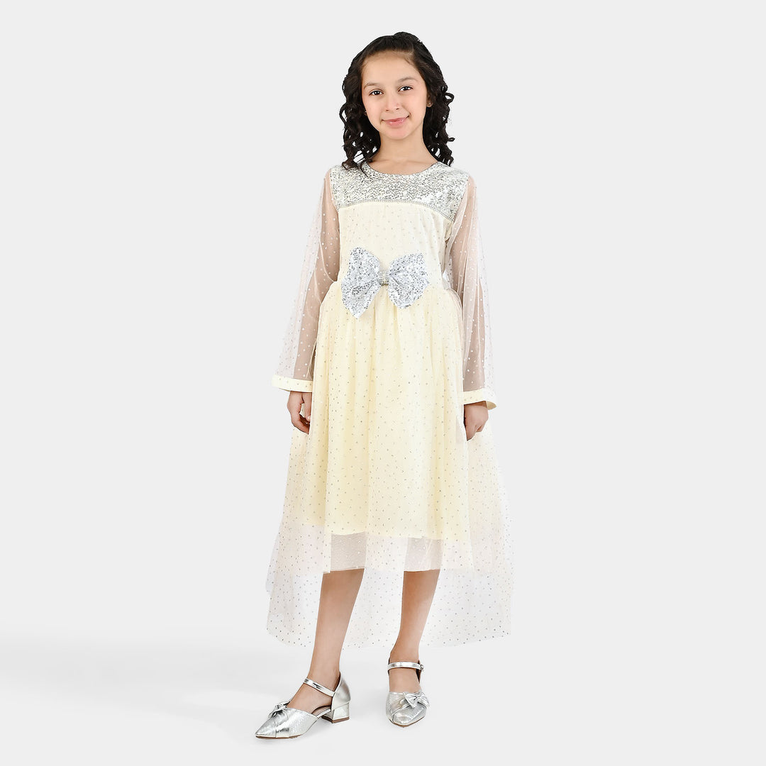 Girls Organza Fancy Frock-Shimmer Polka-OFF-White
