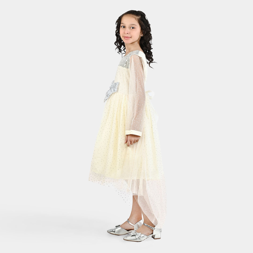 Girls Organza Fancy Frock-Shimmer Polka-OFF-White