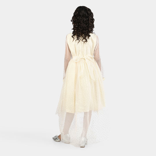 Girls Organza Fancy Frock-Shimmer Polka-OFF-White