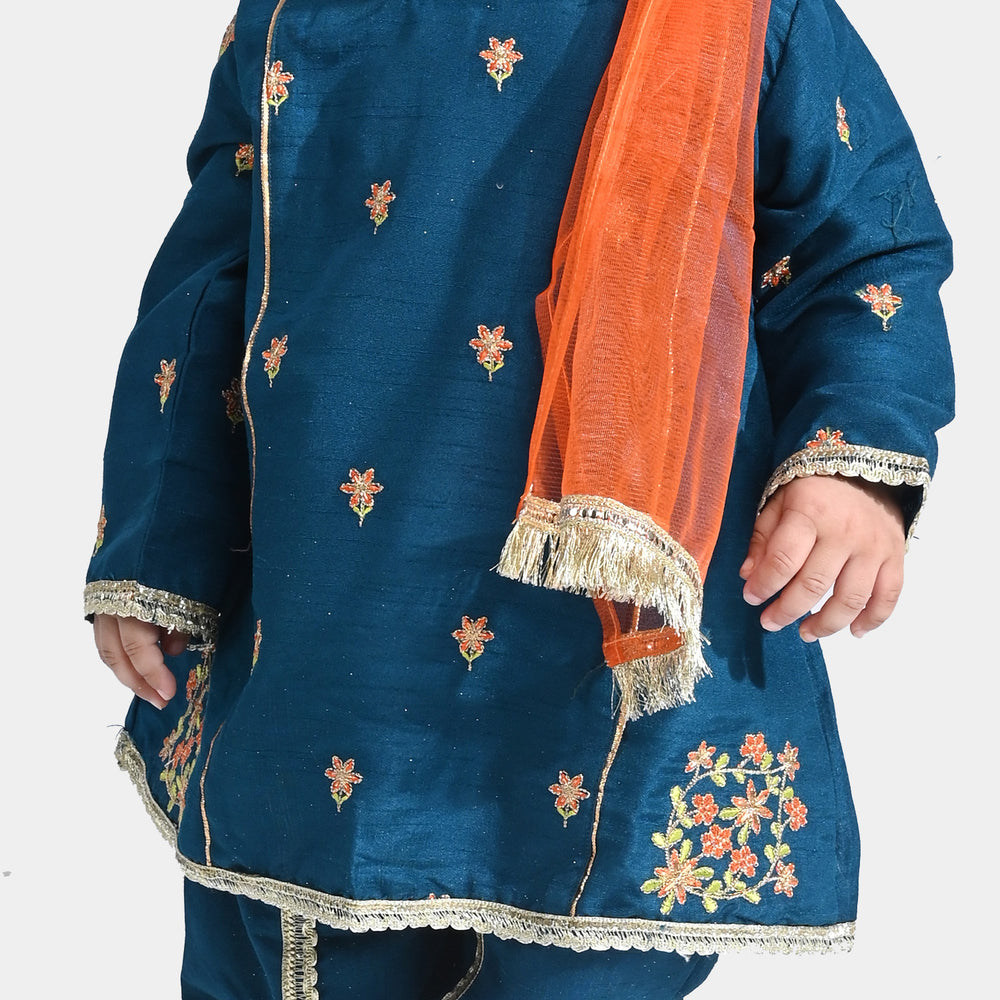 Infant Girls Raw Silk 3Pcs Suit Umang (Teal blue)