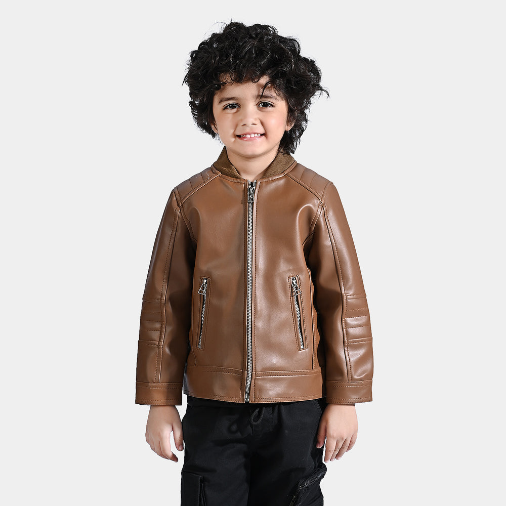 Boys Genuine PU Leather Jacket Biker-BROWN