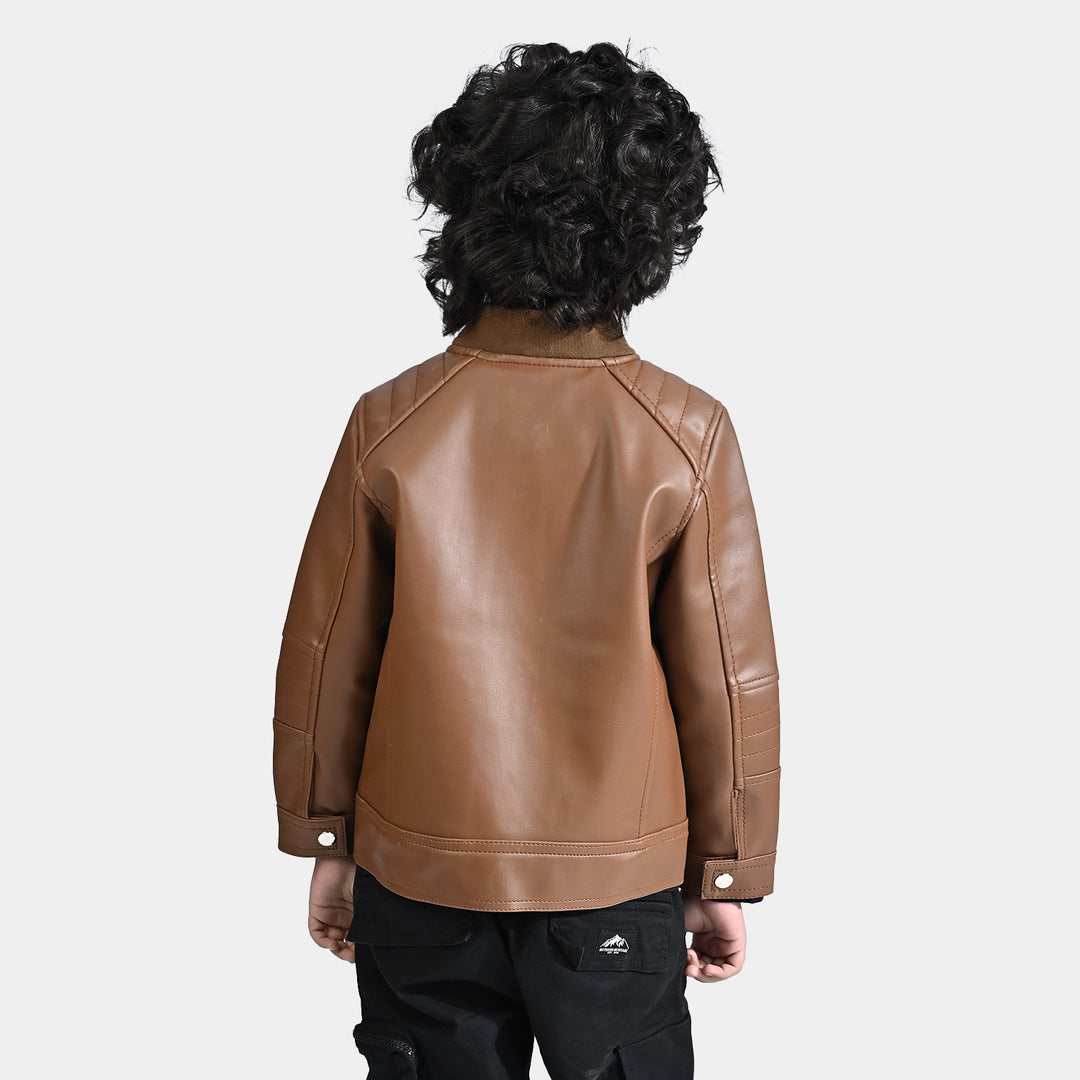 Boys Genuine PU Leather Jacket Biker-BROWN