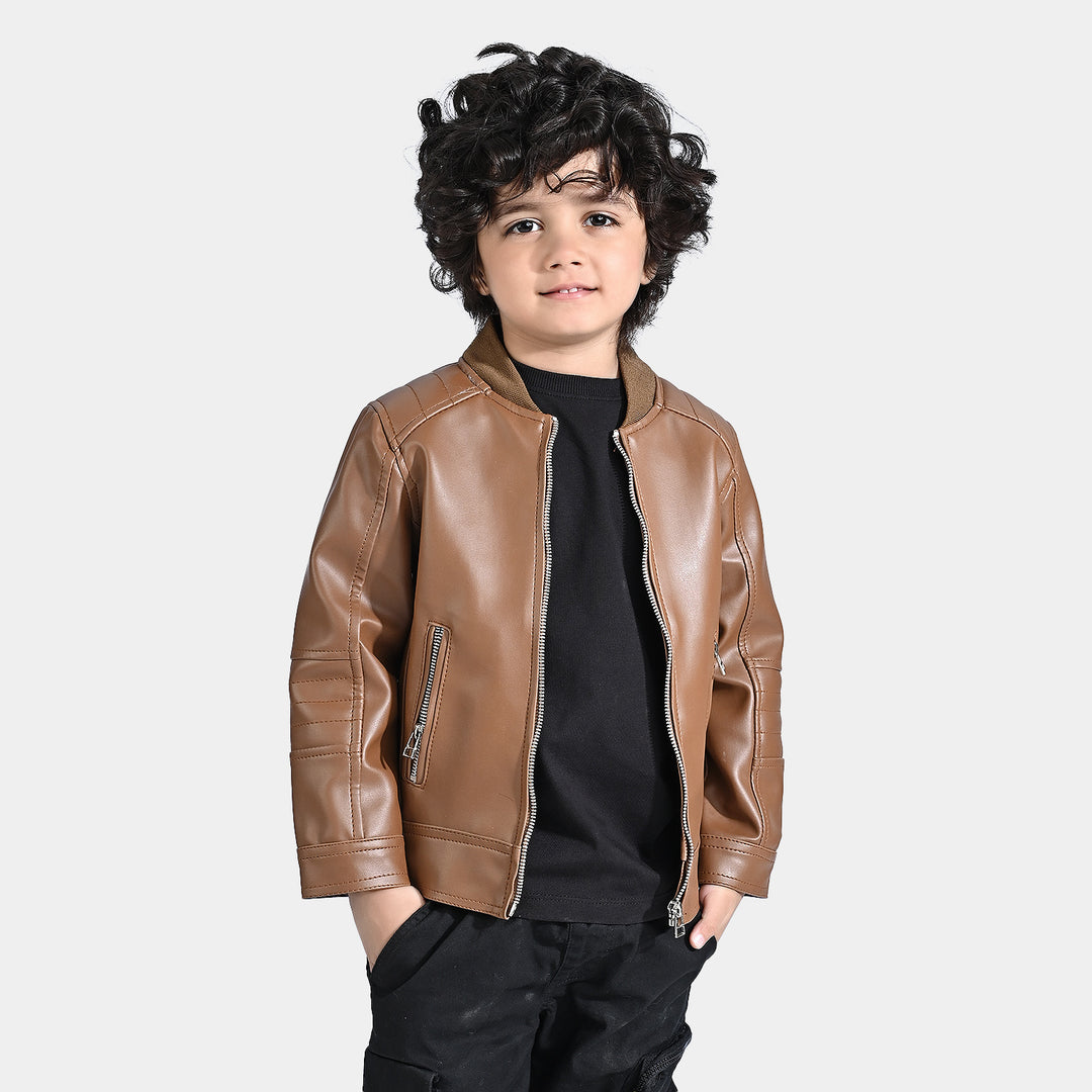 Boys Genuine PU Leather Jacket Biker-BROWN