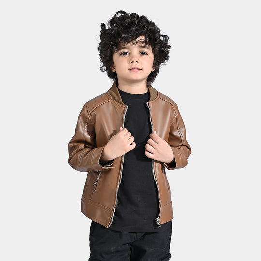 Boys Genuine PU Leather Jacket Biker-BROWN